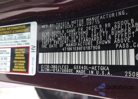 2015 Toyota Avalon Xle Premium z USA, uszkodzony, nr VIN 4T1BK1EB8FU187908